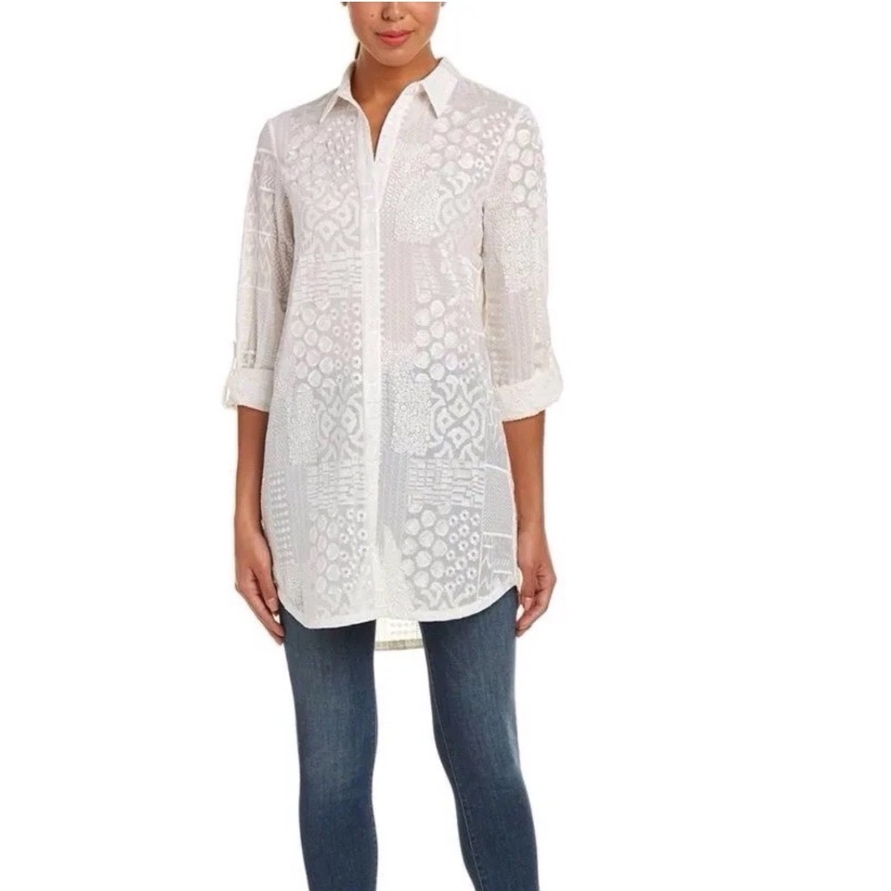 Alice + Olivia Tanisha Embroidered Patchwork Button Down Tunic Shirt Ivory Small